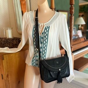PATRICIA NASH BEAUMONT BOHO  BAG WITH FRINGE AND SILVER STUD DETAILING, BLACK